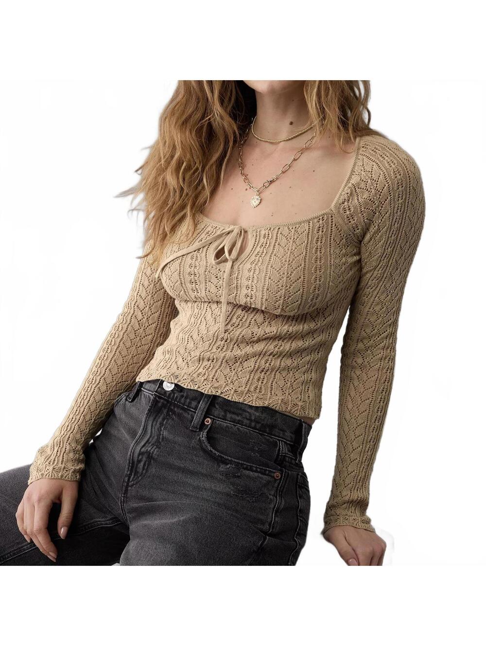 AE 100% Cotton Square Neck Open Knit Sweater American Eagle Tan NWT Small
